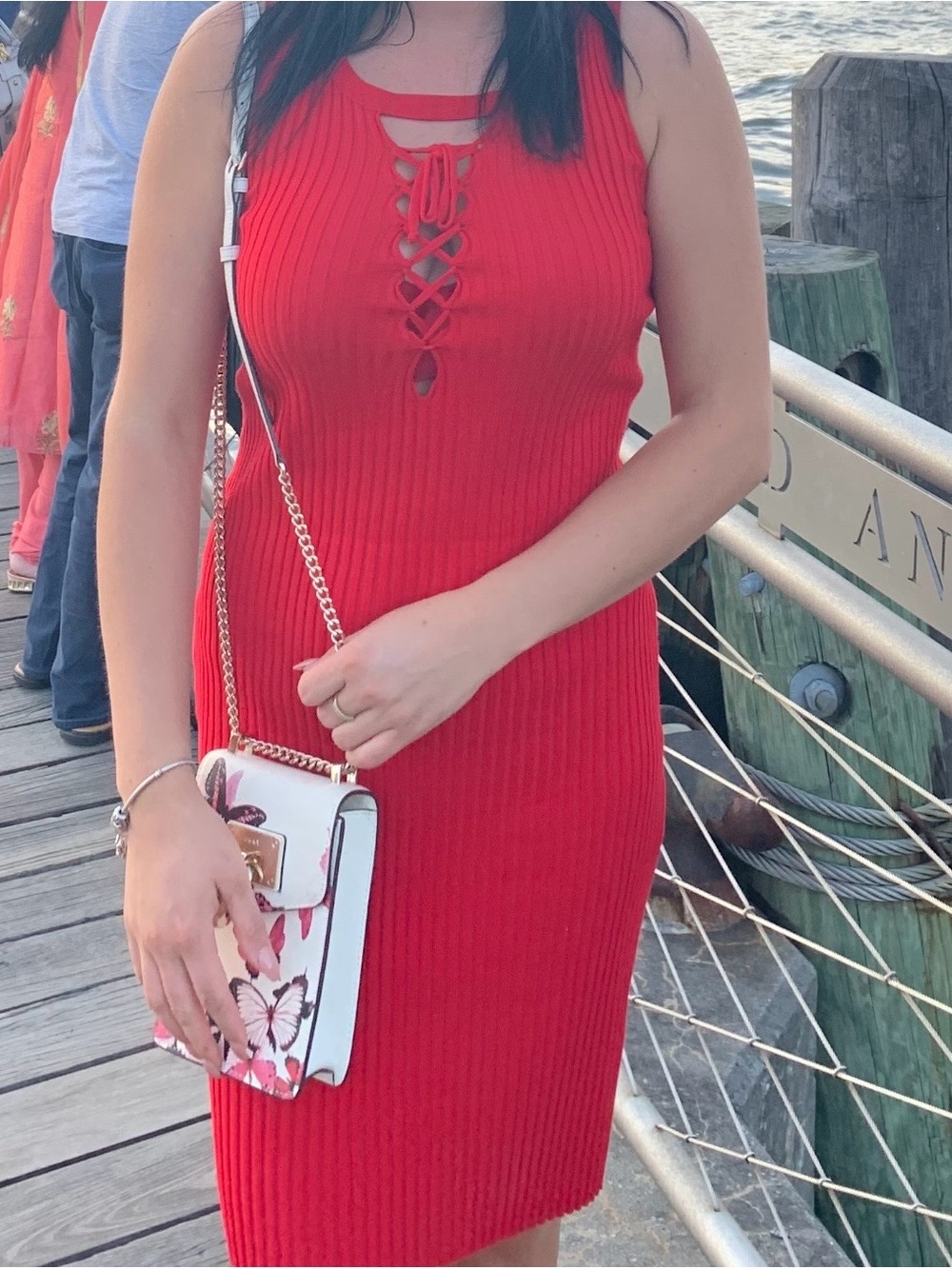 Sleeveless Red Ribbed Lace-Up Knit Dress - Women